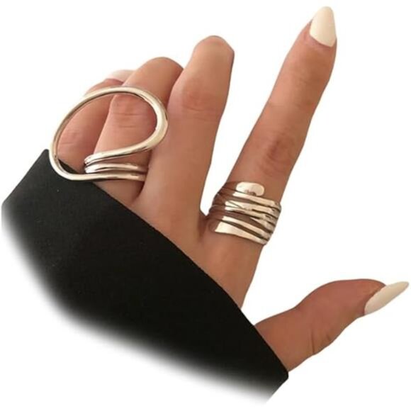 Edgy Geometric Knuckle Rings – Chunky Gold Statement Adjustable 2-Piece Set - Picture 5 of 5